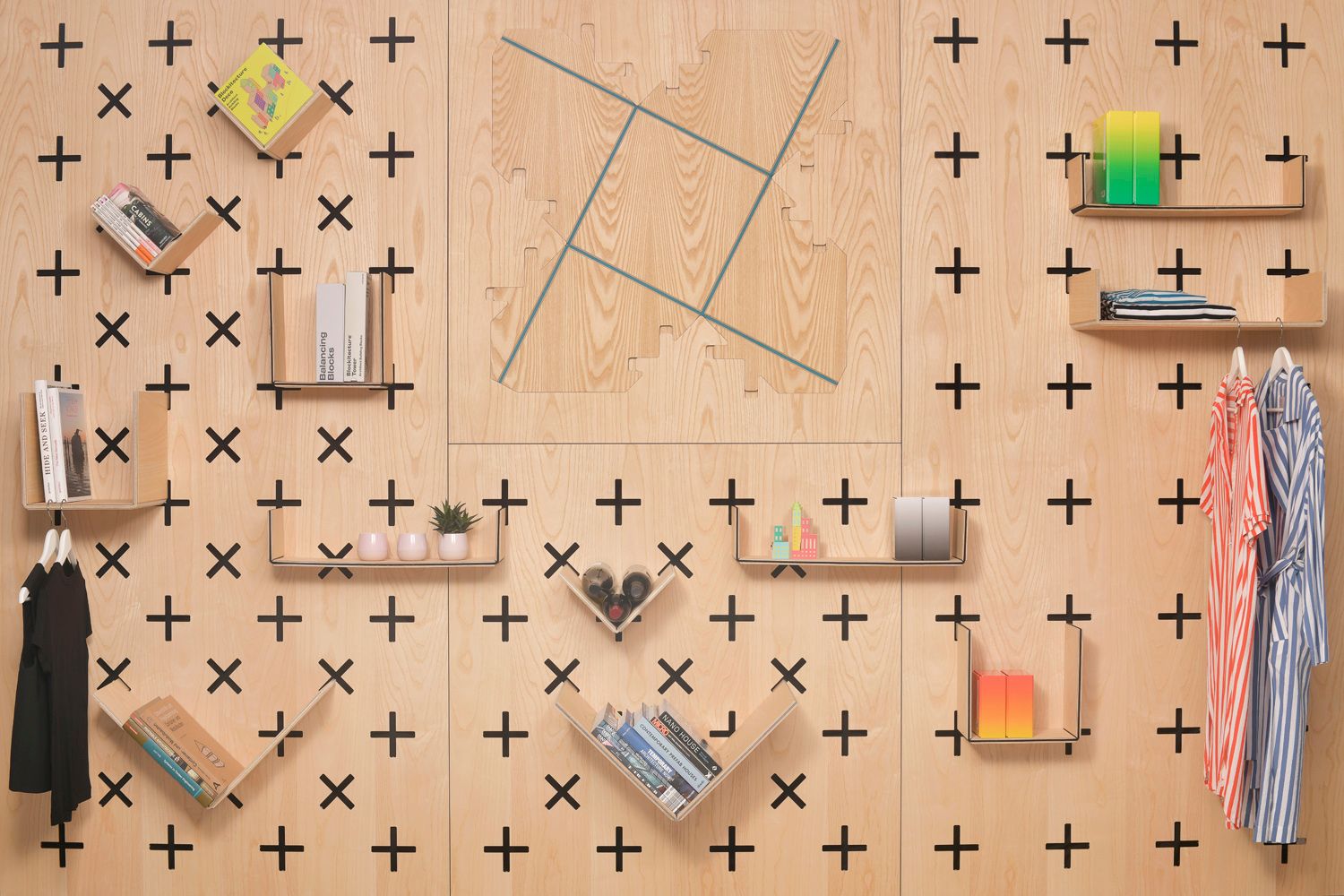 Design wall-covering, with foldable shelves | Plié Wall Sys