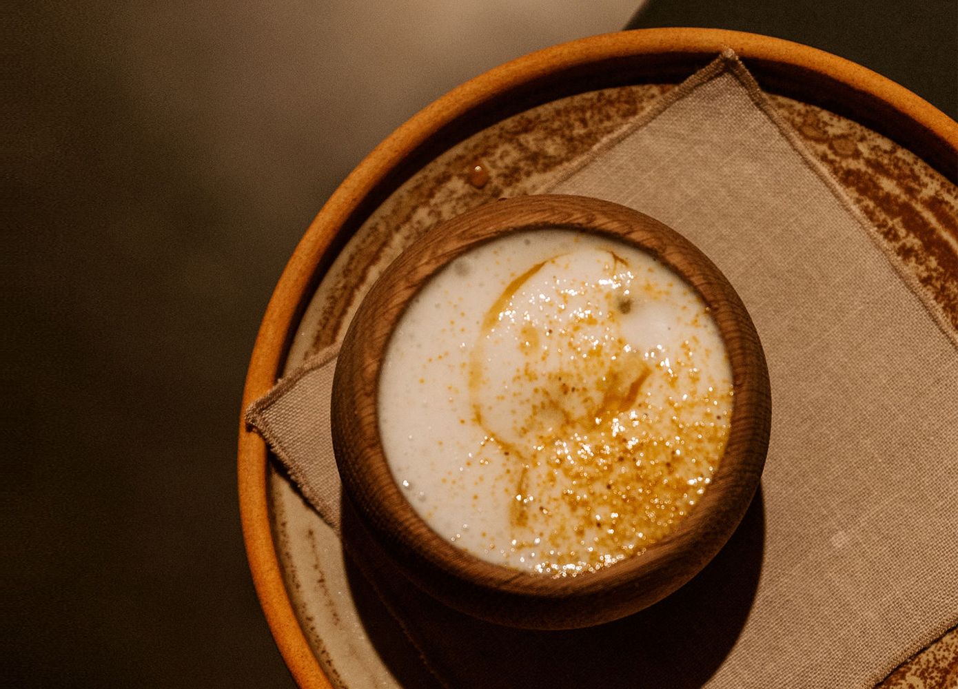 Corn cream with honey and goat milk foam à la SALT