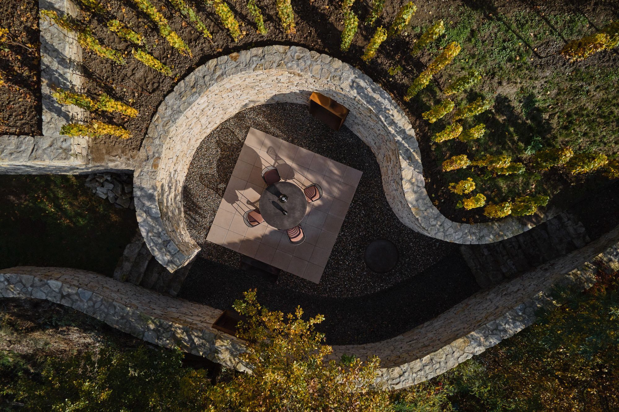 Fibonacci patio hidden among vineyards